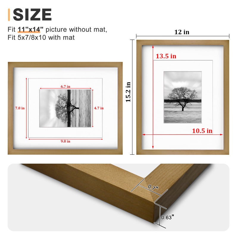 Egofine 11x14 Picture Frame Made of Solid Wood with Plexiglass, Display Pictures 5x7/8x10 with Mat or 11x14 Without Mat, for Table Top and Wall Mounting Photo Frame, Light Brown - Image 3